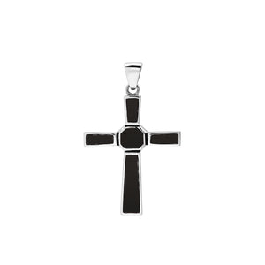 Sterling silver geometric cross pendant with black shell inlay and polished finish
