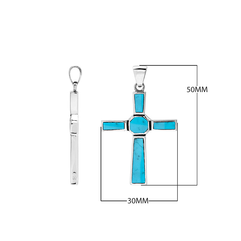 Sterling silver geometric cross pendant with turquoise shell inlay and polished finish