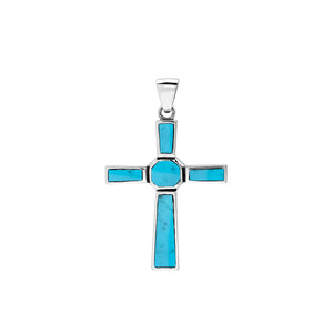 Sterling silver geometric cross pendant with turquoise shell inlay and polished finish