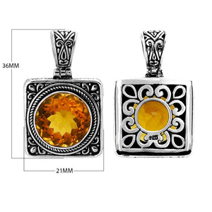 Sterling silver square pendant with faceted round Citrine Quartz and Balinese scroll design, wholesale gemstone jewelry.