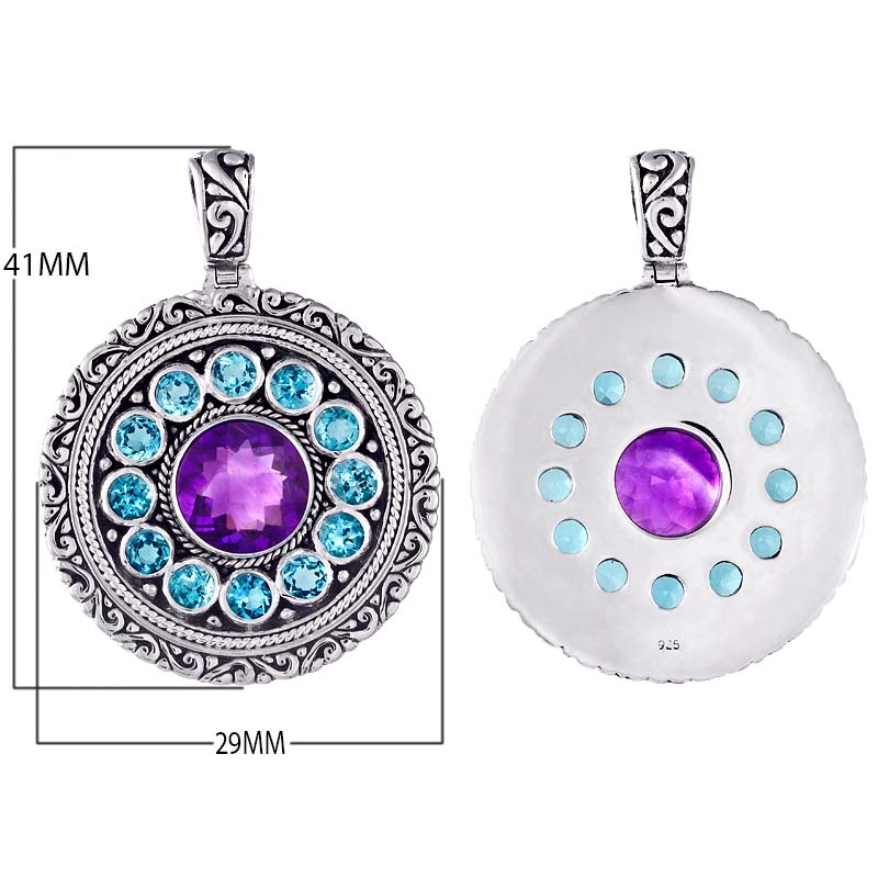 Sterling silver round pendant with amethyst quartz center and blue topaz quartz halo, wholesale jewelry from Indonesia