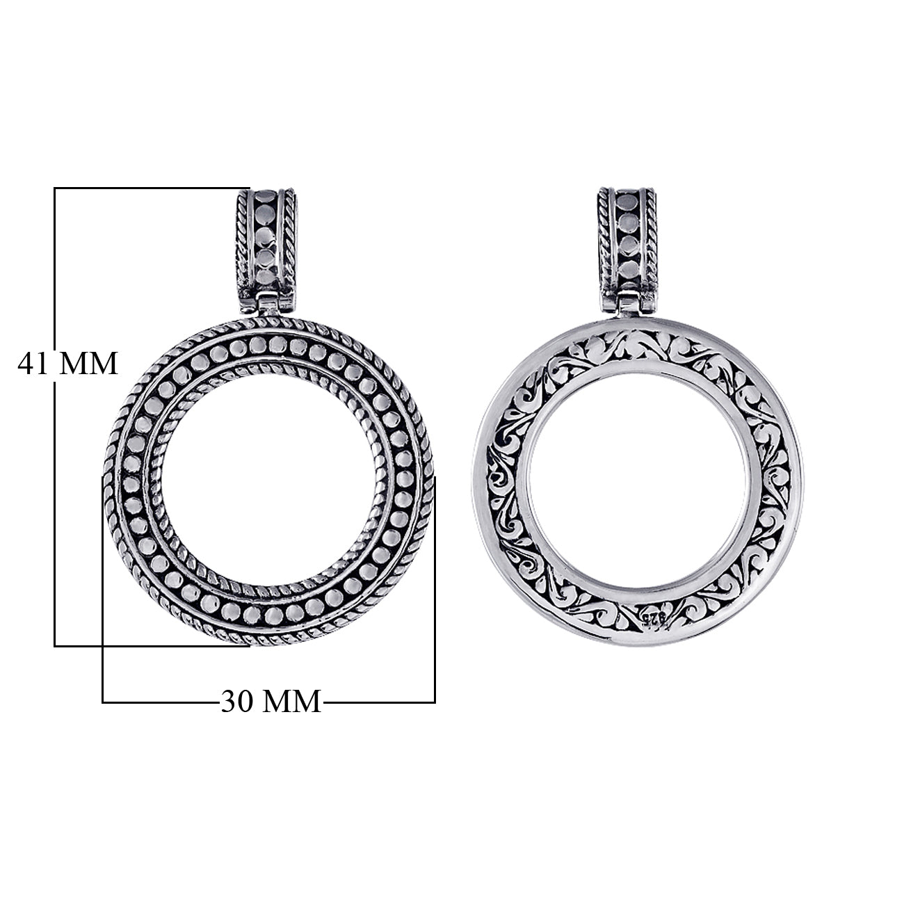 Sterling silver round pendant with dotted and floral Bali patterns, handcrafted in Indonesia