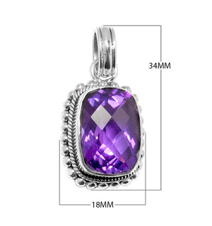 Sterling silver pendant with cushion-cut Amethyst Quartz, handcrafted in Bali