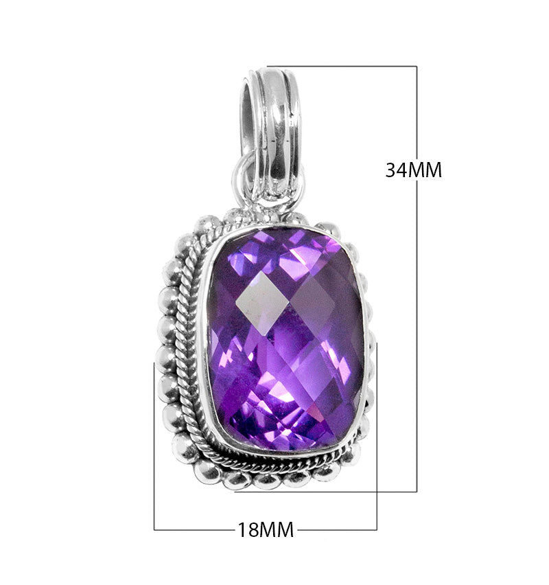 Sterling silver pendant with cushion-cut Amethyst Quartz, handcrafted in Bali