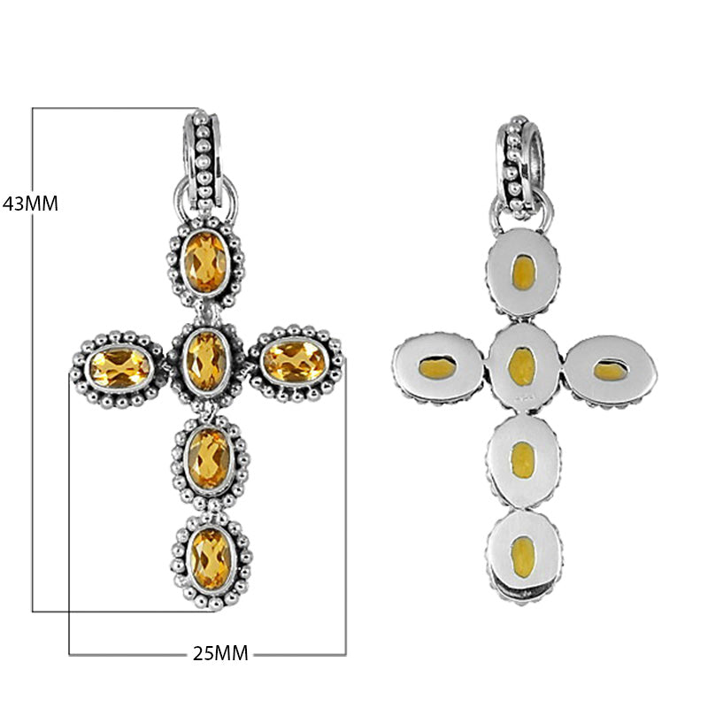 Sterling silver cross pendant with oval faceted citrine quartz and beaded silver border, handcrafted in Bali