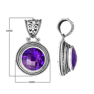 Wholesale sterling silver pendant with round Amethyst Quartz and ornate Balinese bail.
