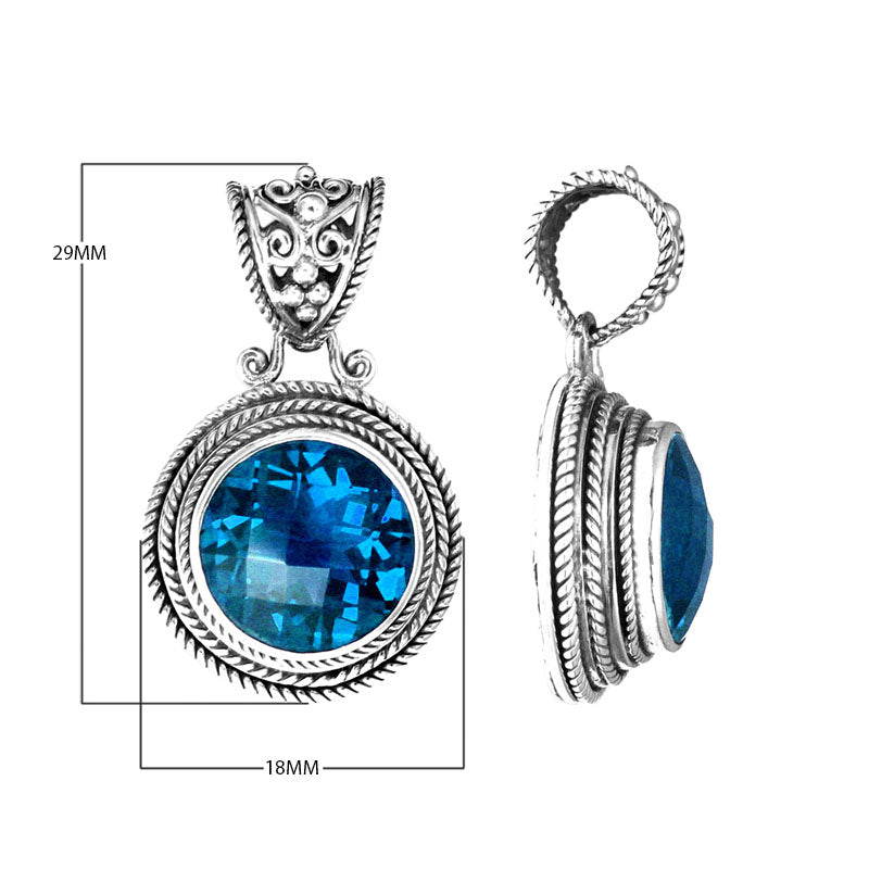 Wholesale sterling silver pendant with round Blue Topaz Quartz and ornate Balinese bail.