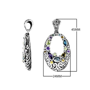 Wholesale sterling silver oval pendant with Amethyst Quartz, Blue Topaz Quartz, Peridot Quartz, and Citrine Quartz in Balinese scroll design, handcrafted in Bali.