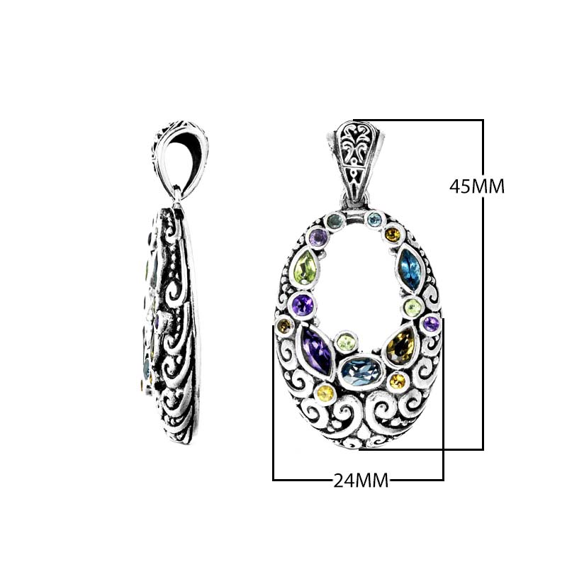 Wholesale sterling silver oval pendant with Amethyst Quartz, Blue Topaz Quartz, Peridot Quartz, and Citrine Quartz in Balinese scroll design, handcrafted in Bali.