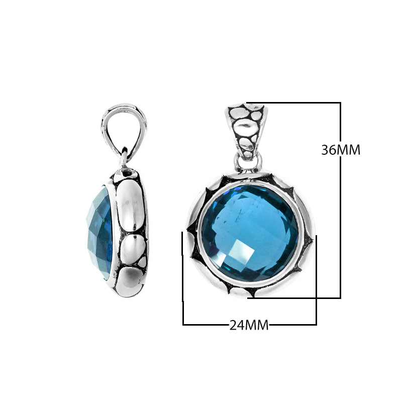 Round Blue Topaz Quartz Pendant In Sterling Silver With Textured Border