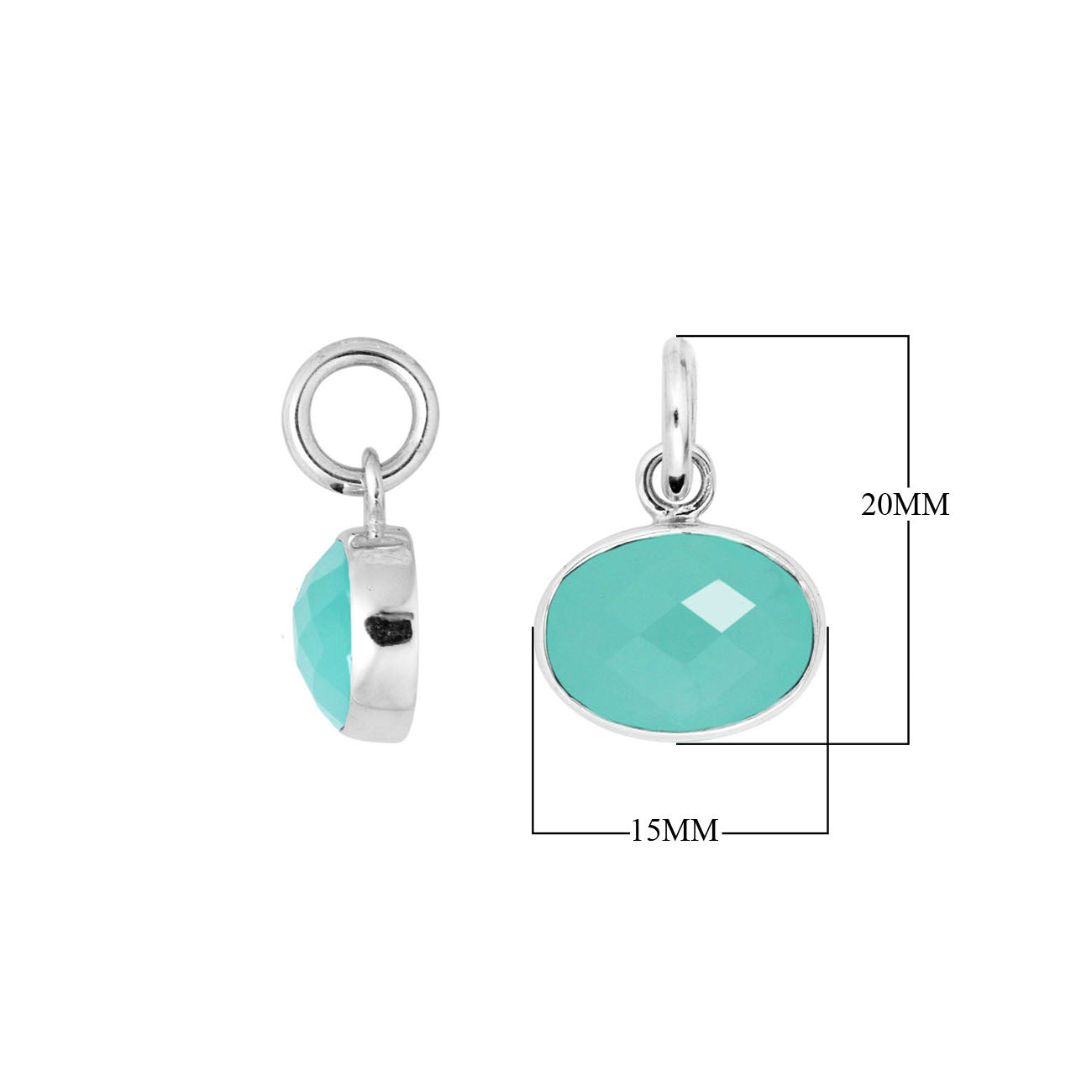 Sterling Silver oval pendant charm featuring faceted Green Chalcedony Quartz stone