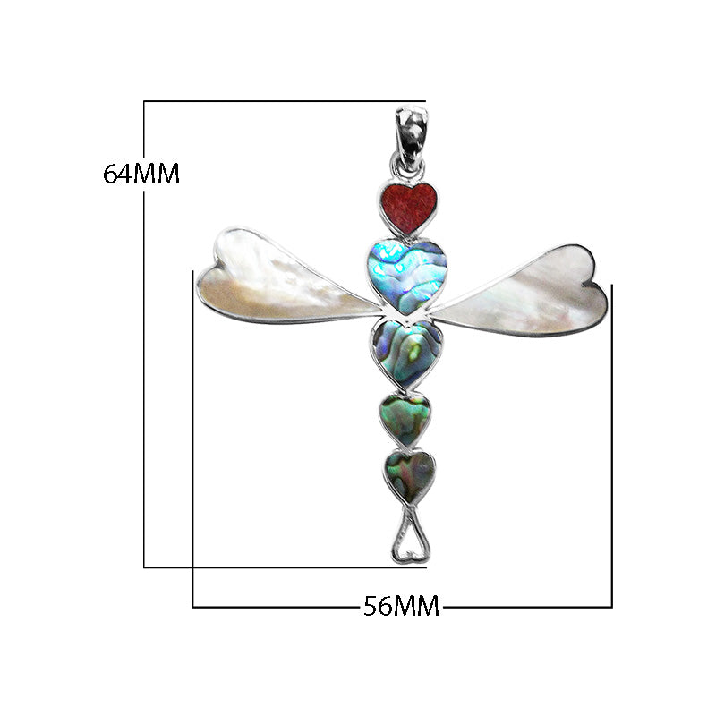 Abalone Shell, Red Coral, And Mother Of Pearl 925 Silver Dragonfly Pendant For Wholesale