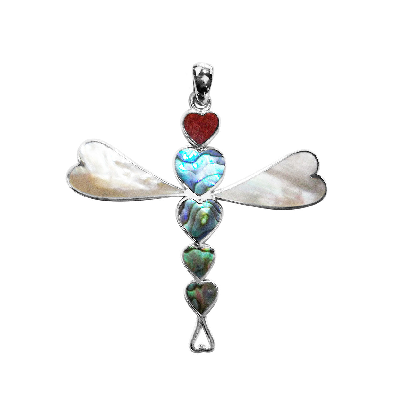 Abalone Shell, Red Coral, And Mother Of Pearl 925 Silver Dragonfly Pendant For Wholesale