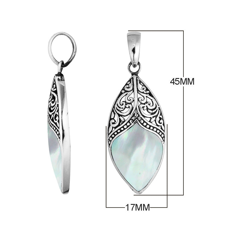 Handcrafted Mother Of Pearl Marquise Pendant With Silver Overlay Detailing