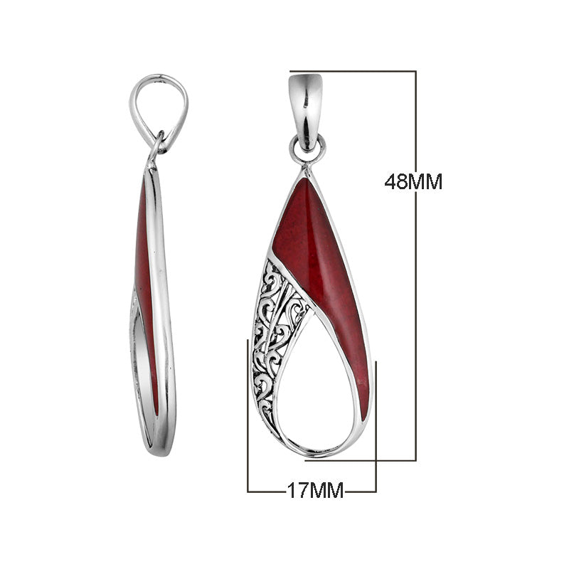 Handcrafted 925 Sterling Silver Open Teardrop Pendant With Red Coral Inlay