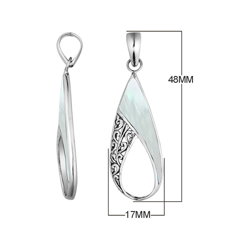 Handcrafted 925 Sterling Silver Open Teardrop Pendant With Mother Of Pearl Inlay