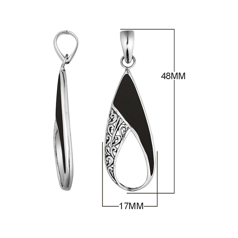 Handcrafted 925 Sterling Silver Open Teardrop Pendant With Black Shell Inlay
