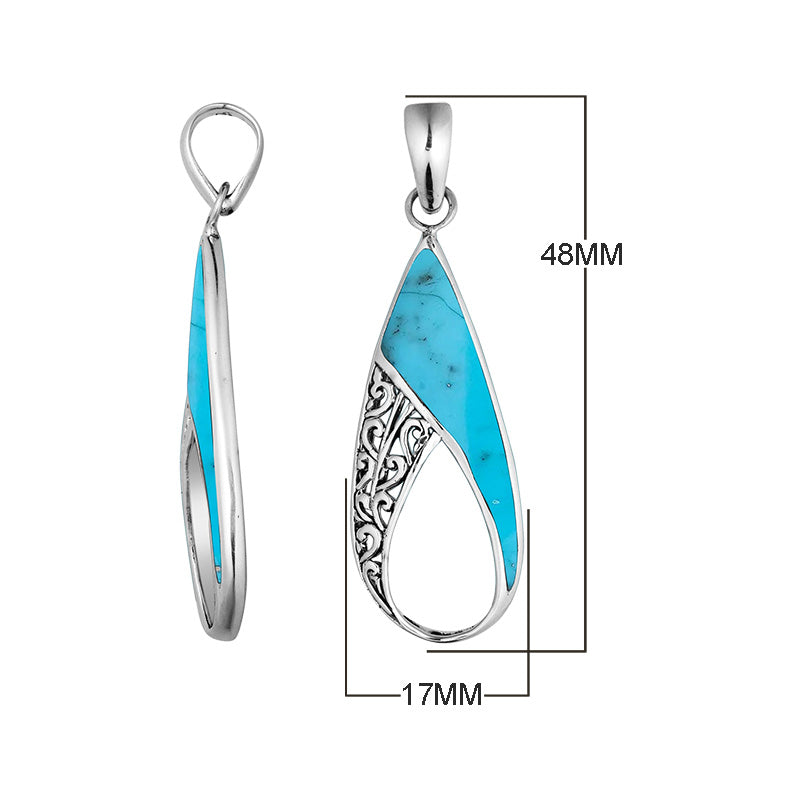 Handcrafted 925 Sterling Silver Open Teardrop Pendant With Turquoise Shell Inlay