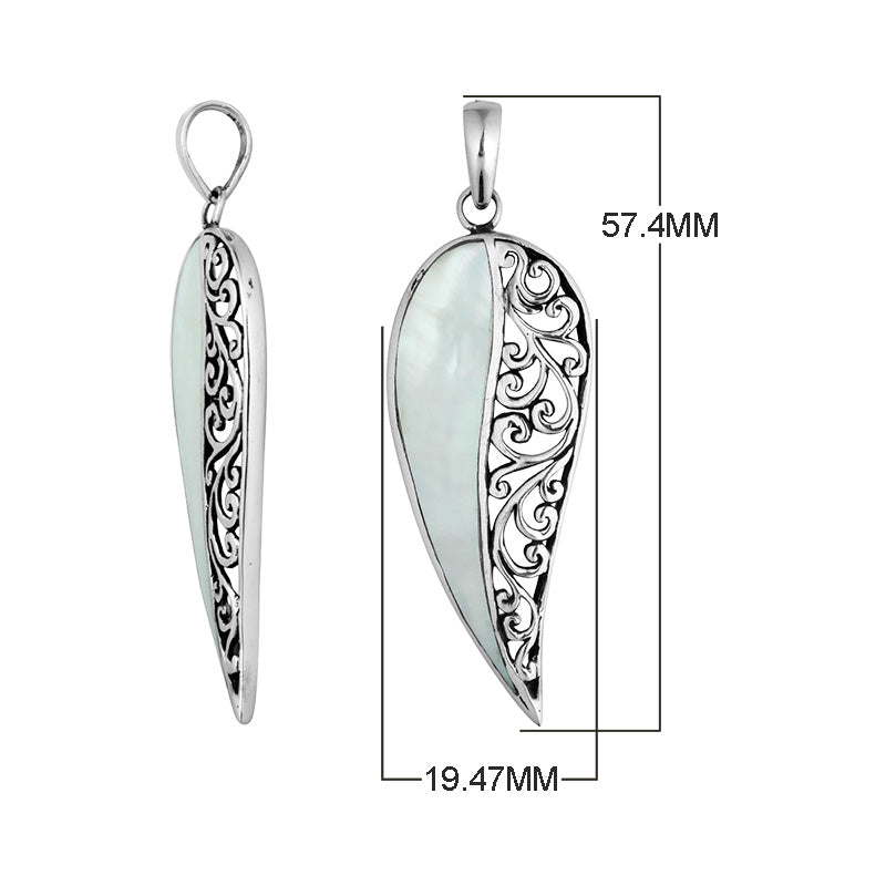925 sterling silver long leaf pendant with mother of pearl and intricate Balinese scrollwork pattern