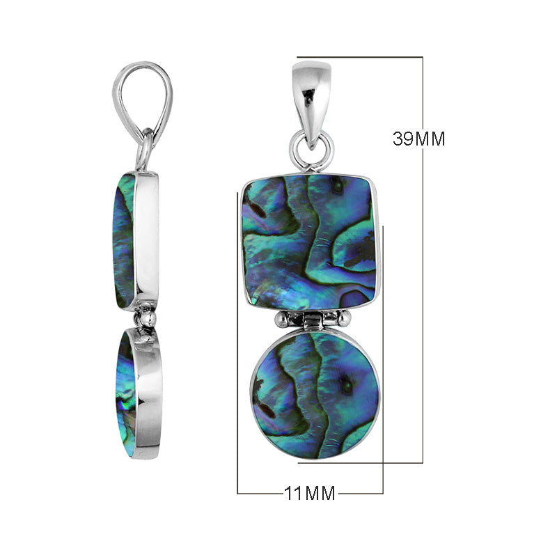 925 sterling silver pendant with abalone shell square and round shapes connected by hinge
