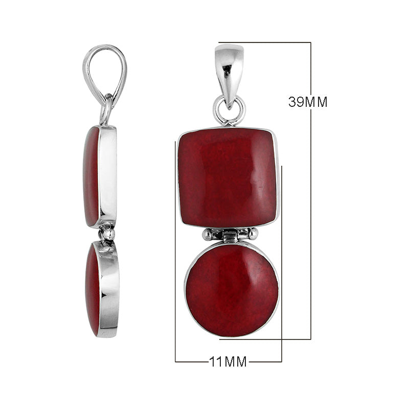 925 sterling silver pendant with red coral in square and round shapes connected by hinge