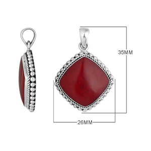 925 sterling silver pendant with red coral cushion shape and rope beaded border handcrafted in Bali