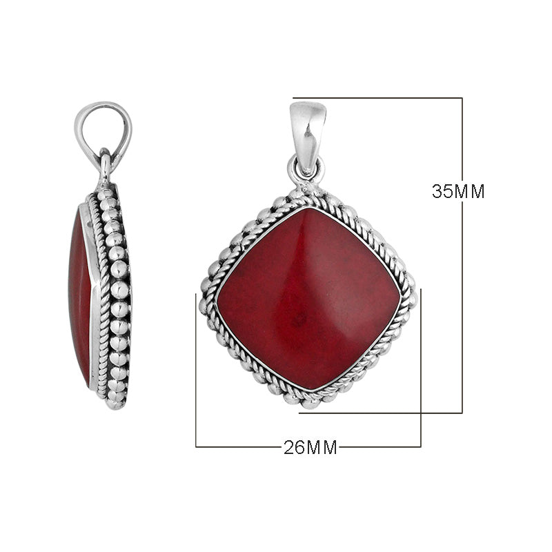 925 sterling silver pendant with red coral cushion shape and rope beaded border handcrafted in Bali