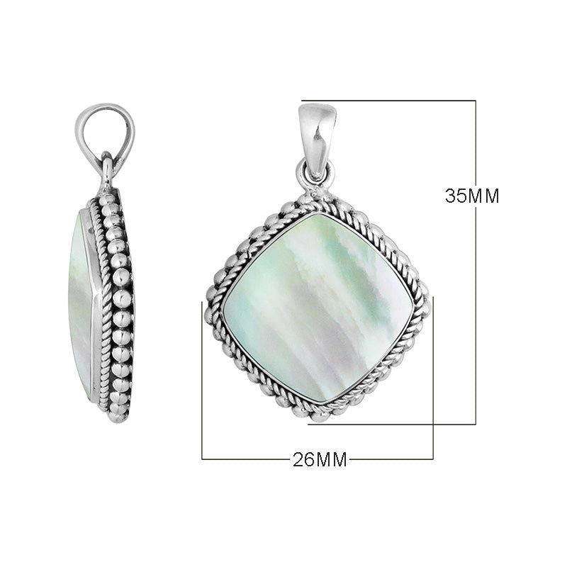 925 sterling silver pendant with mother of pearl cushion shape and rope beaded border handcrafted in Bali