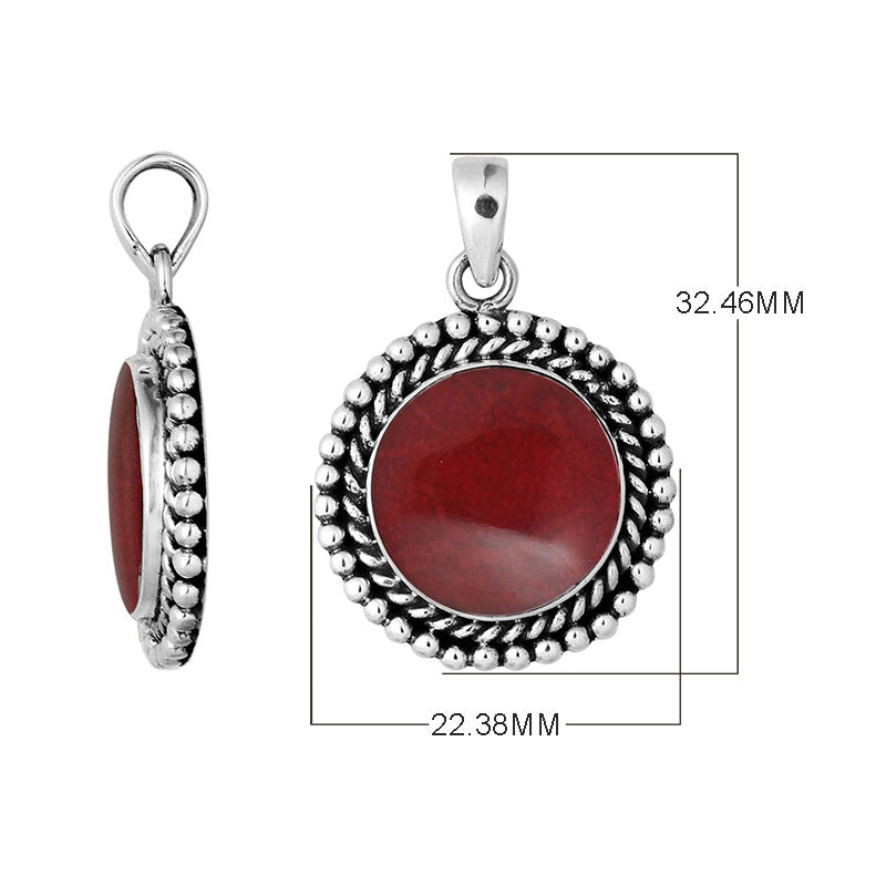 925 sterling silver round pendant with red coral and rope beaded border handcrafted in Bali