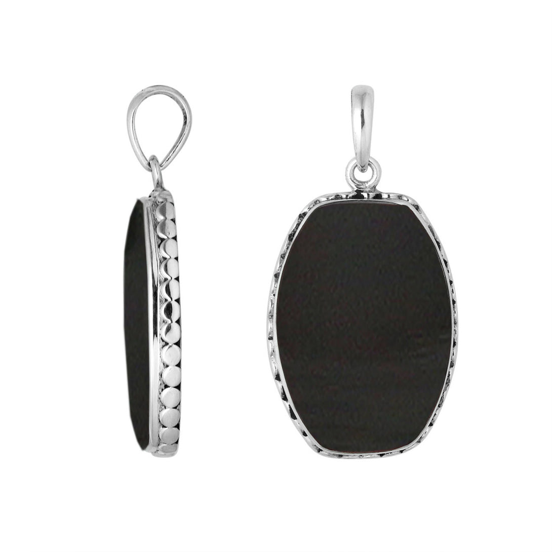 Alt Text: Sterling Silver Rectangular Pendant Featuring Black Shell Centerpiece