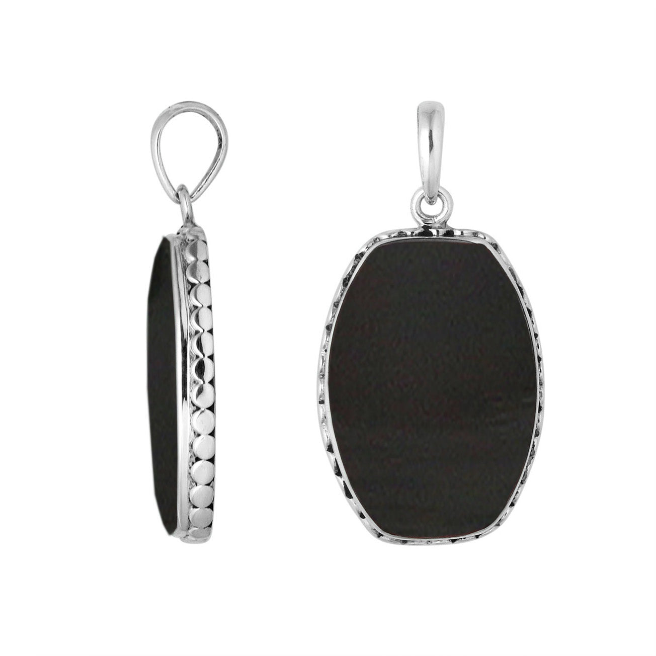 Alt Text: Sterling Silver Rectangular Pendant Featuring Black Shell Centerpiece