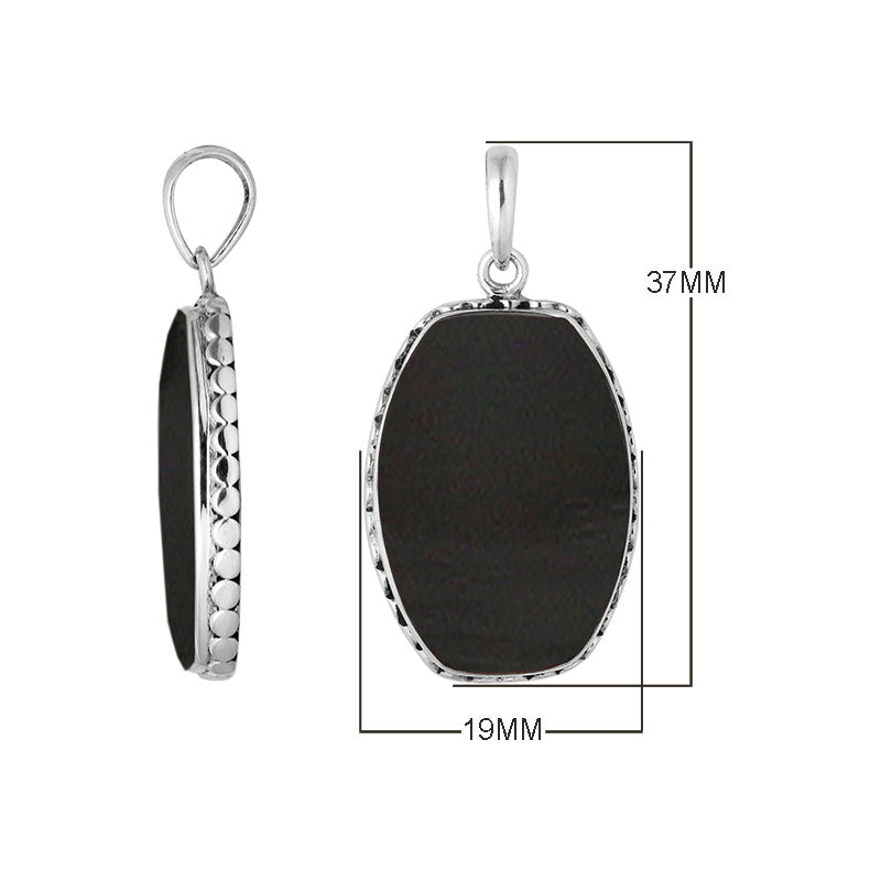 Alt Text: Sterling Silver Rectangular Pendant Featuring Black Shell Centerpiece