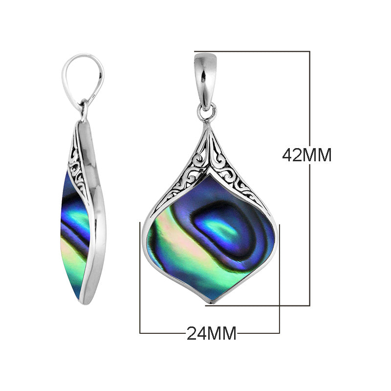 Wholesale sterling silver abalone shell pendant with Bali scrollwork, handcrafted in Indonesia.