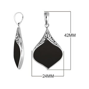 Sterling Silver Drop Shape Pendant With Black Shell And Balinese Detailing