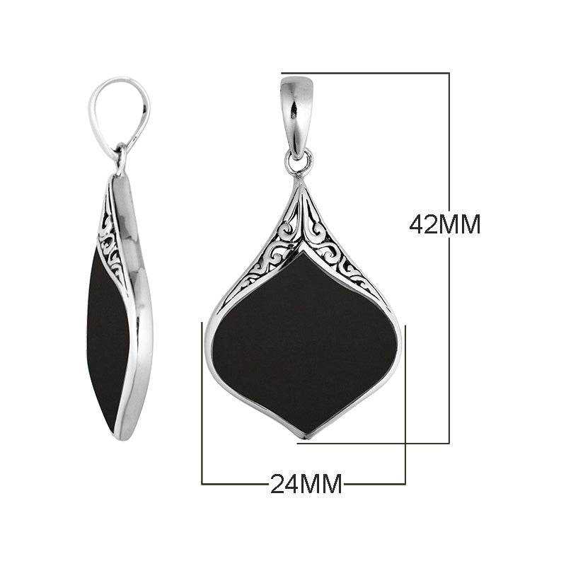 Sterling Silver Drop Shape Pendant With Black Shell And Balinese Detailing