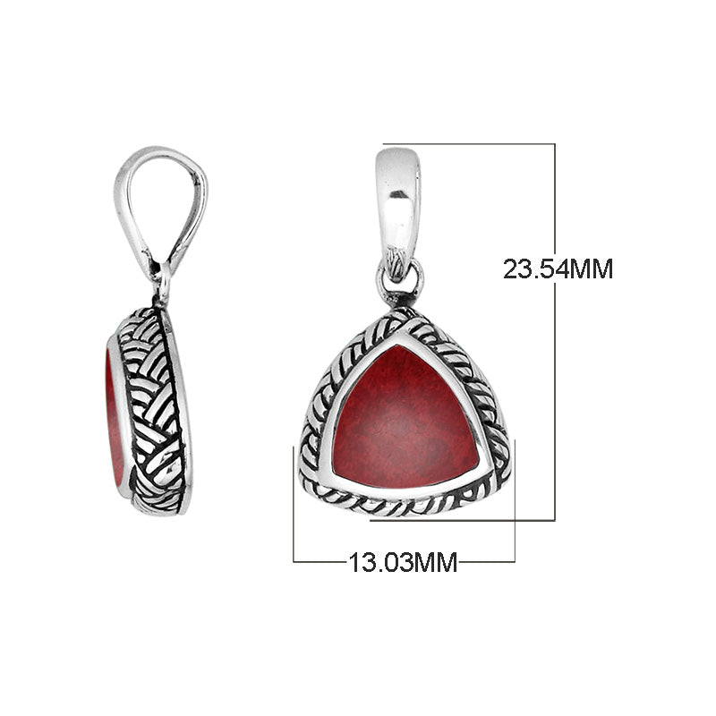 Sterling Silver Triangular Pendant With Red Coral And Balinese Design