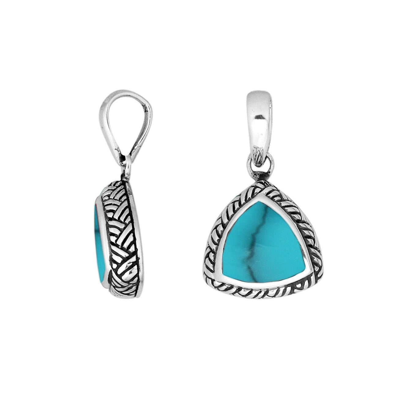 Sterling Silver Triangular Pendant With Turquoise Shell And Balinese Design