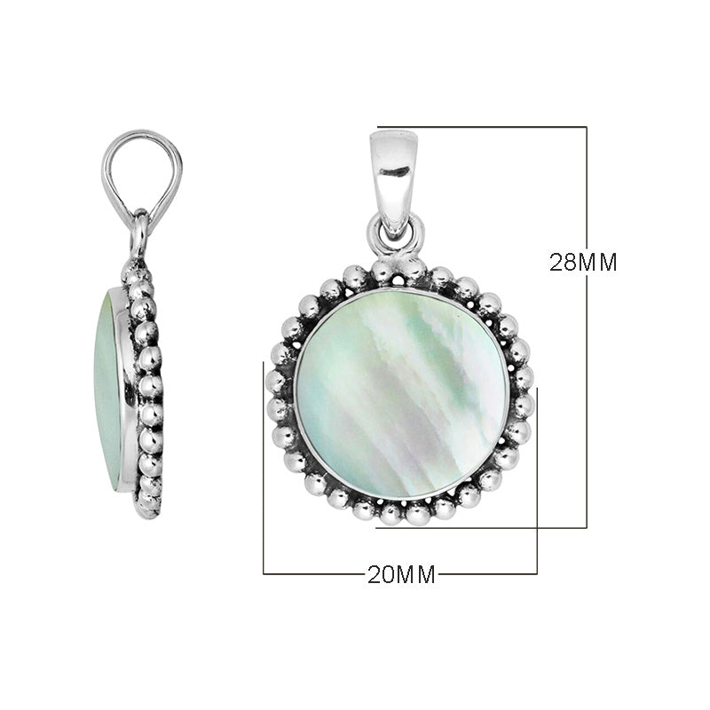 Sterling Silver Round Pendant With Mother Of Pearl And Beaded Silver Frame