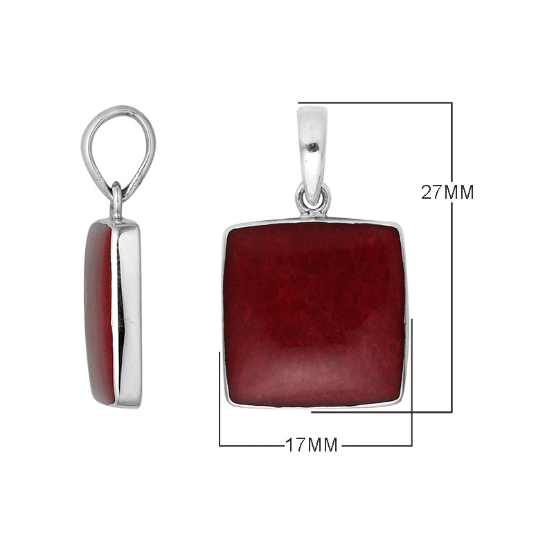 Sterling Silver Square Pendant With Red Coral And Polished Silver Frame