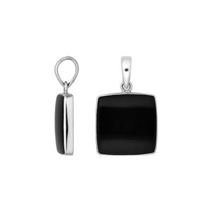 Sterling silver square pendant featuring a polished black shell bezel setting