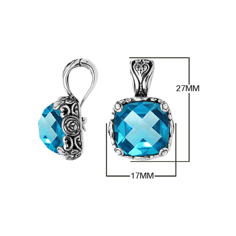 Sterling Silver Square Pendant With Blue Topaz Quartz And Floral Balinese Detail For Wholesale