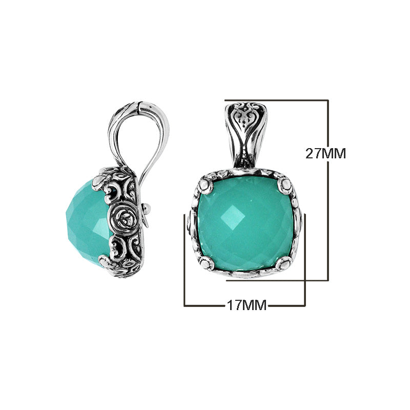 Sterling Silver Square Pendant With Green Chalcedony Quartz And Balinese Detailing For Wholesale