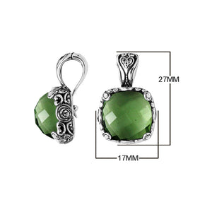 Sterling Silver Square Pendant With Green Amethyst Quartz And Balinese Floral Design For Wholesale
