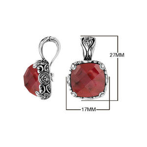 Sterling Silver Cushion Cut Ruby Quartz Pendant With Balinese Scroll Engraving