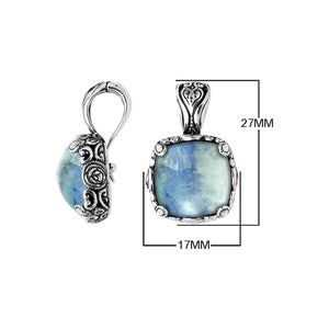 Sterling Silver Cushion Cut Rainbow Moonstone Pendant With Balinese Scrollwork