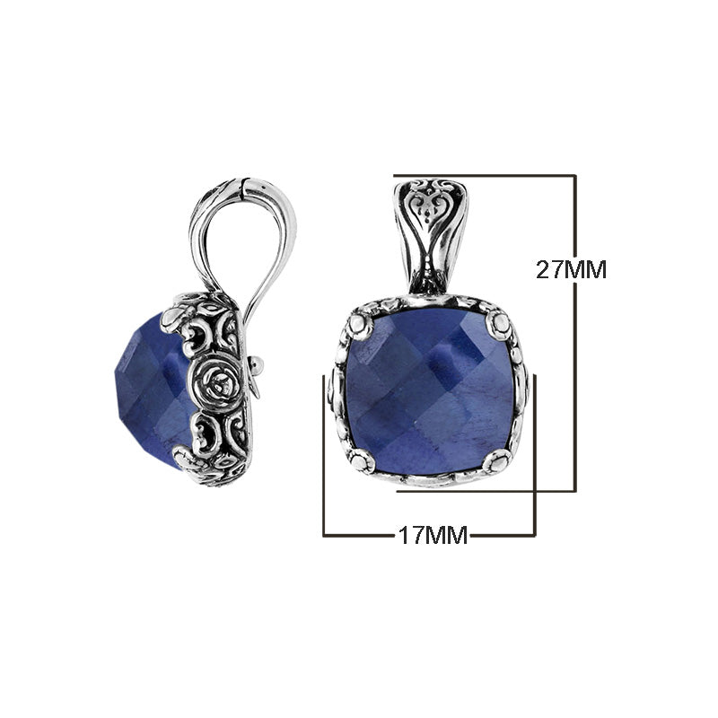 Sterling Silver Cushion Cut Blue Sapphire Quartz Pendant With Balinese Scroll Engraving