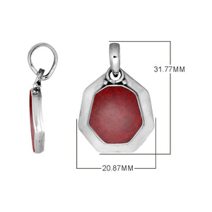 Sterling Silver Octagon Shape Red Coral Pendant With Smooth Silver Frame