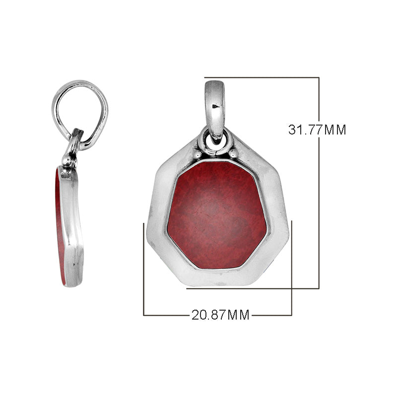 Sterling Silver Octagon Shape Red Coral Pendant With Smooth Silver Frame