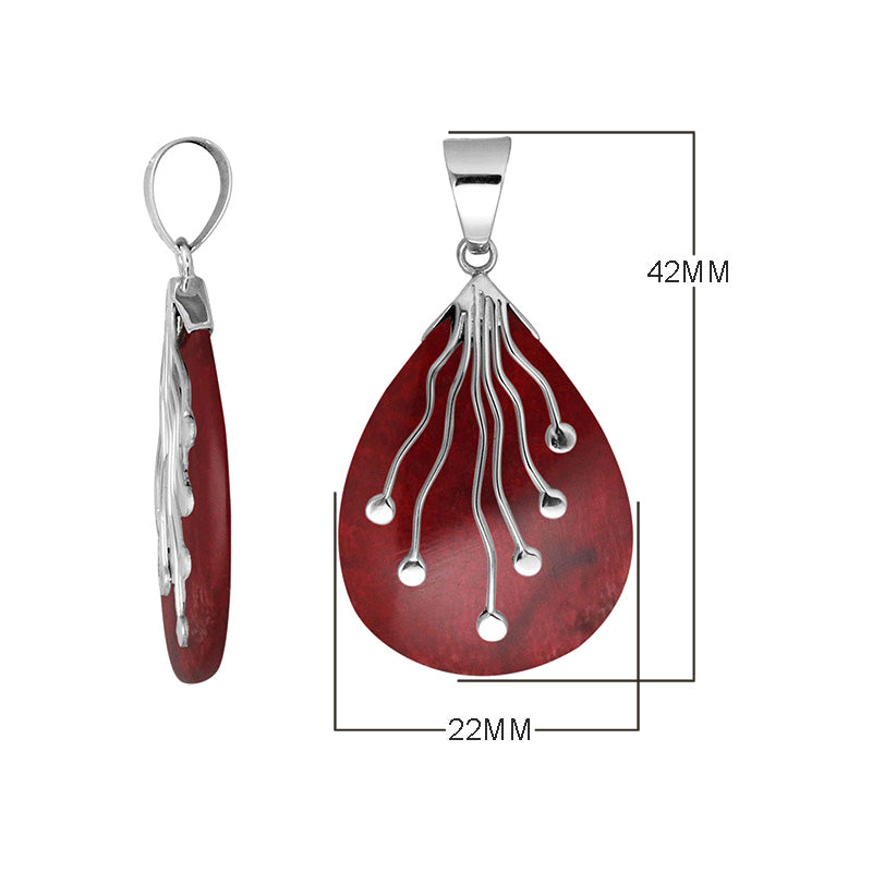 Sterling Silver Teardrop Shape Red Coral Pendant With Silver Wave Design