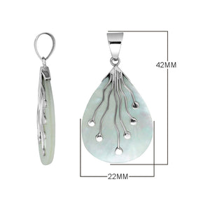 Sterling Silver Teardrop Shape Mother Of Pearl Pendant With Silver Wave Design